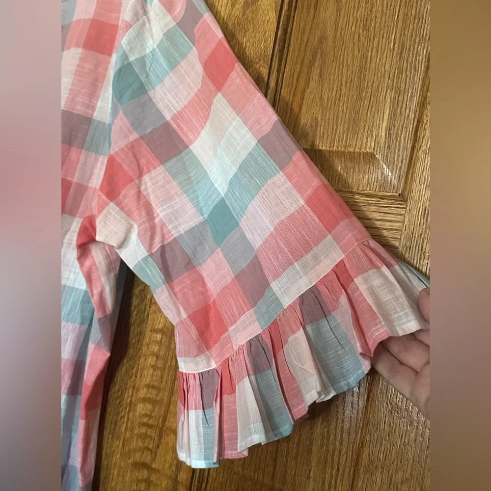 Bobeau Pink Gray White Plaid Lightweight Ruffle Sleeve Blouse - Picture 4 of 7